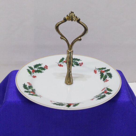 Bridgeford Porcelain Silverplate Holiday Server Holly Berry One Tier Cake Plate - Picture 1 of 3
